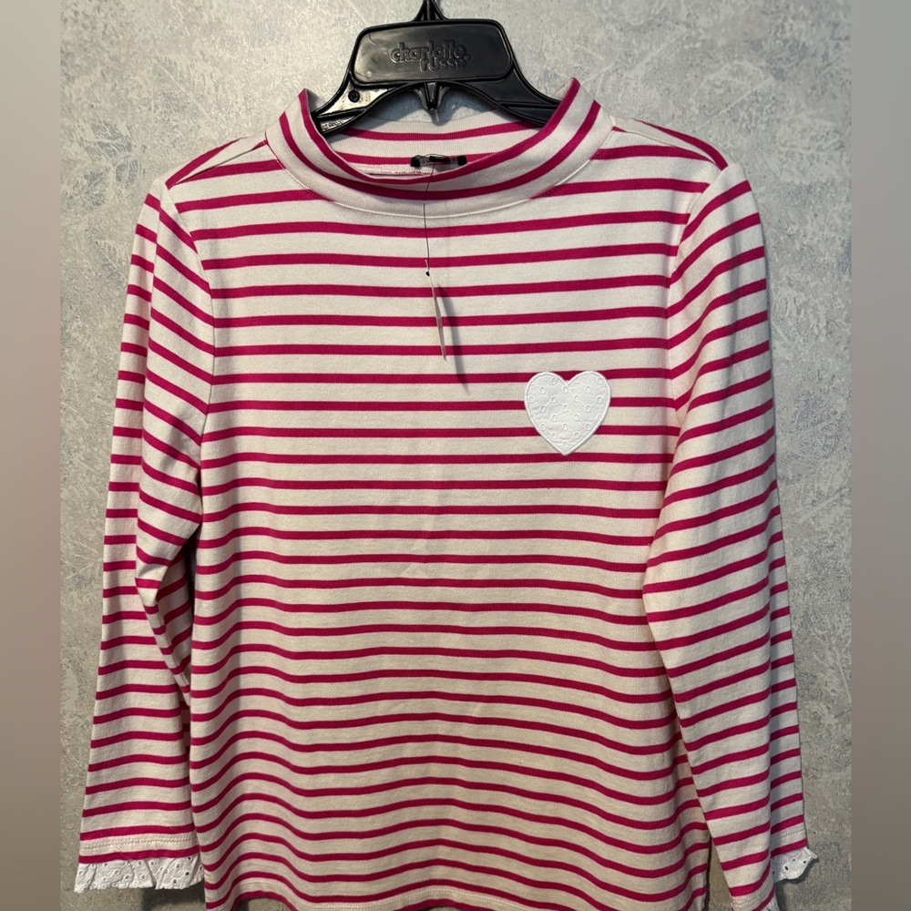 NWT Talbot’s Pink White Stripe Shirt top W/ Heart Small Mockneck
